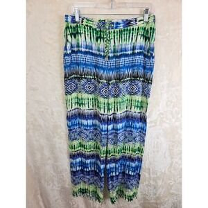 Chaus New York Womens Blue Green Ikat Tie Dye Drawstring Wide Leg Pants Small